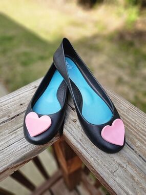 Oka-B Black Ballet Flats with Pink Heart Accent